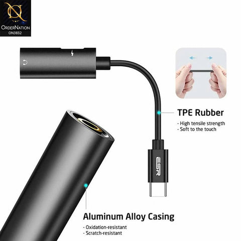 Black - ESR USB C to 3.5mm Jack AUX Headphone Adapter Audio Cable Type C Converter