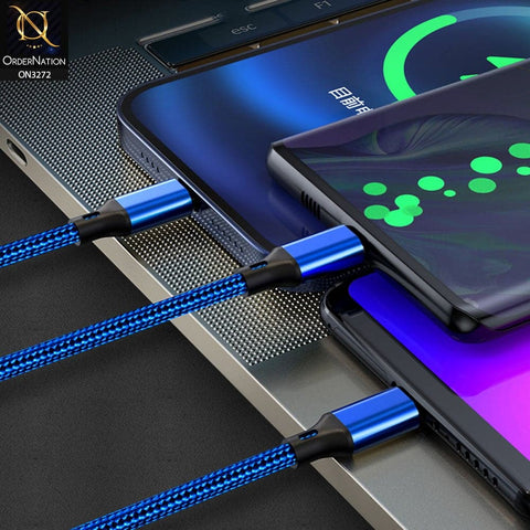 Blue - TOTU Tough Series B3B-009 1 split to 3 Fast Carging Cables Lightning / Type-C / Micro USB