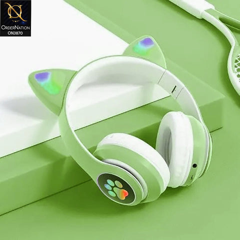 B39M STN28 Cute Flash Light Cat Ears Wireless Headphones LED RGB Breathing Gaming Stereo HIFI Bass Foldable Bluetooth Earphones - Light Green