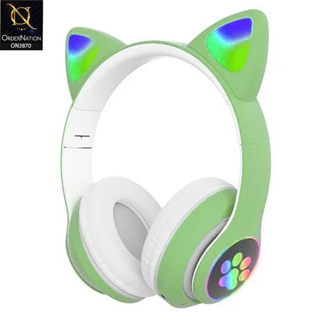 B39M STN28 Cute Flash Light Cat Ears Wireless Headphones LED RGB Breathing Gaming Stereo HIFI Bass Foldable Bluetooth Earphones - Light Green
