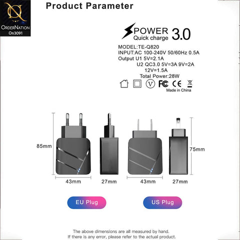 TE-Q820 - Power 3.0 Quick Wall Charger Fast Charging Head QC 3.0+2.1A Usb With Indicator Light For Latest iPhone, Samsung, Vivo, Infnix, Oppo, Xiaomi, etc Smartphones