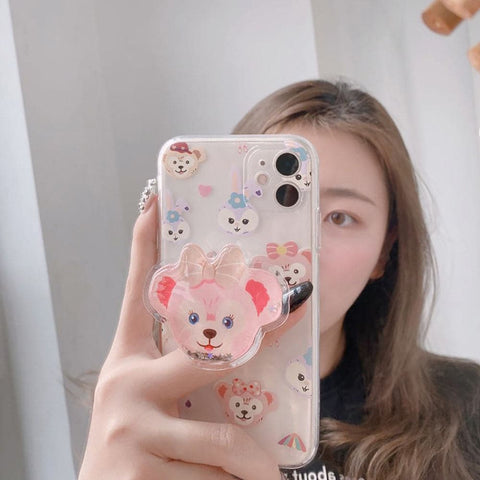 iPhone XS / X Cover - Design 2 - Cute Cartoon Duffy Soft Transparent Silicone Case with Matching Mobile Holder