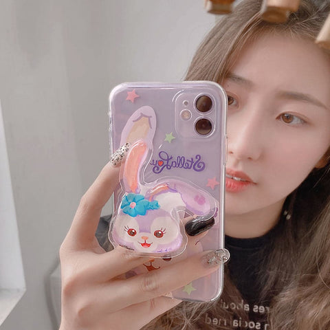 iPhone XS / X Cover - Design 1 - Cute Cartoon Duffy Soft Transparent Silicone Case with Matching Mobile Holder