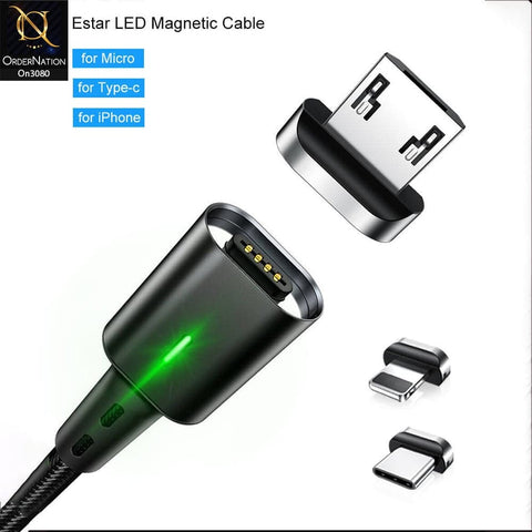 Black - Qualcomm 3.0 3 in 1 Led Indicator Fast Charging Magnetic Data Cable