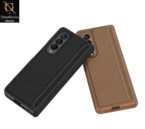Samsung Galaxy Z Fold 3 5G Cover - Brown - GKK Carbon Fiber Magnetic Folding Plain Leather Case