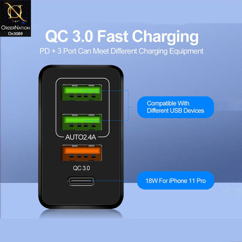 SLS-B09 - Qualcomm 3.0 Quick 18 Watts Wall Charger With 3 Usb Ports For Latest iPhone, Samsung, Vivo, Infnix, Oppo, Xiaomi, etc Smartphones