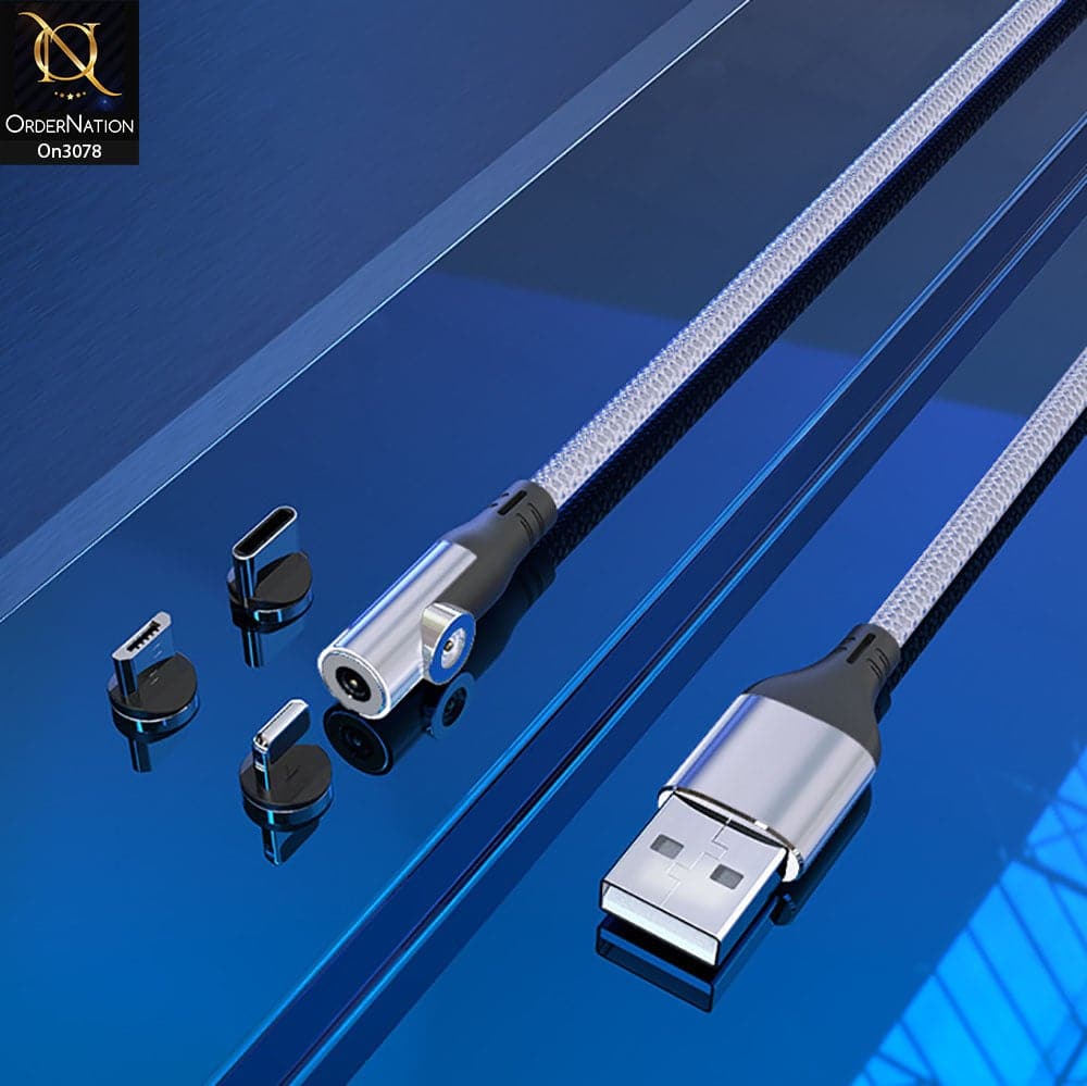 Gray - 2 Way Fast Charging Magnetic Cable 90 Degree Elbow Design