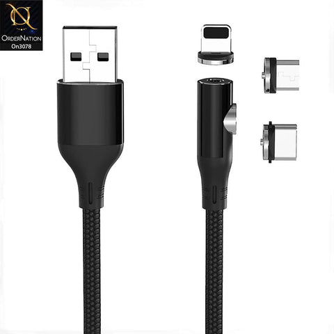 Black - 2 Way Fast Charging Magnetic Cable 90 Degree Elbow Design