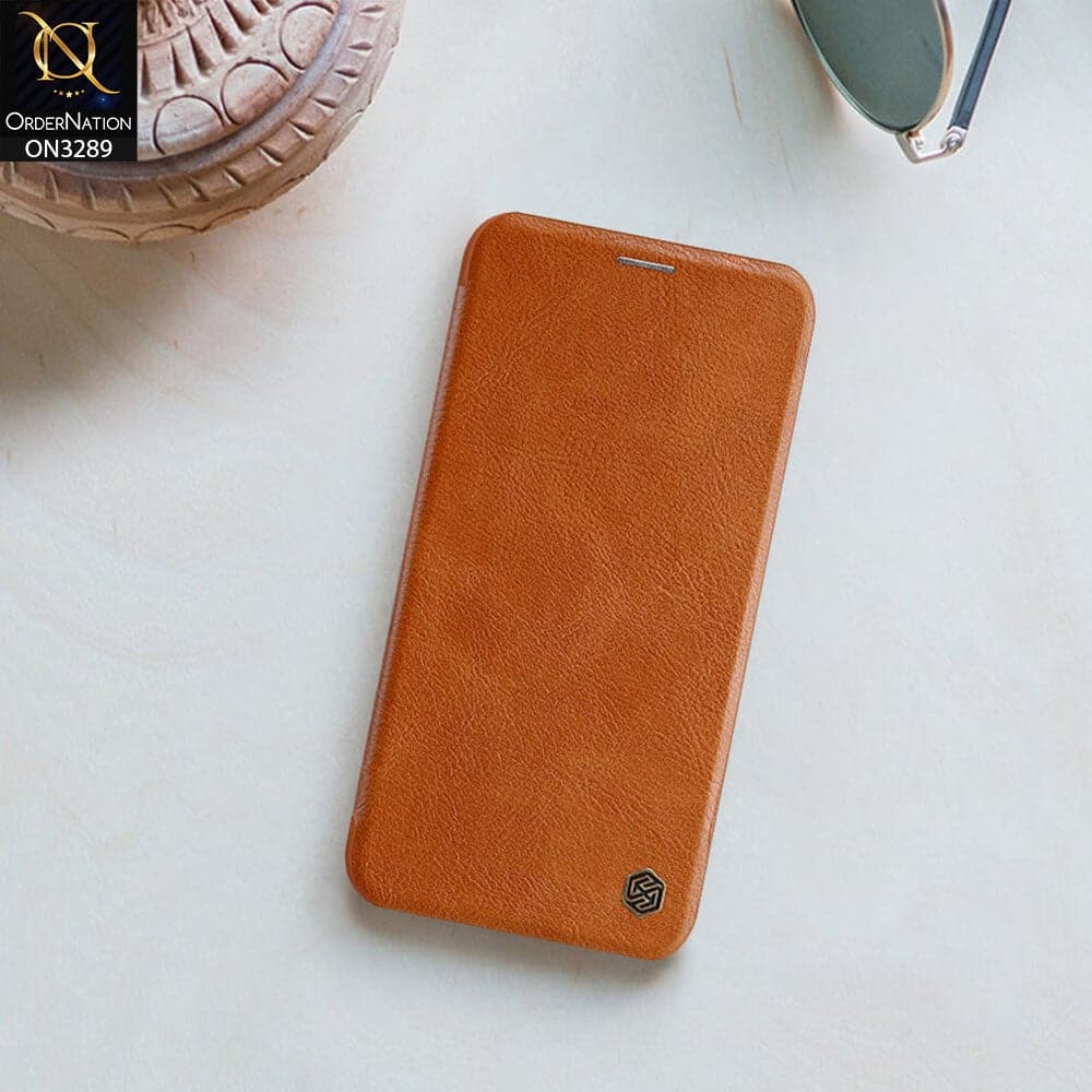 iPhone 13 Pro Max Cover - Brown - Nillkin Qin Pro Series Leather Flip Book with Camera Slide Protection Case