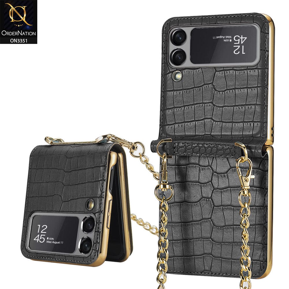 Samsung Galaxy Z Flip 3 5G Cover - Black - GKK Leather Magnetic Stylish Case With Tessel Chain Holder