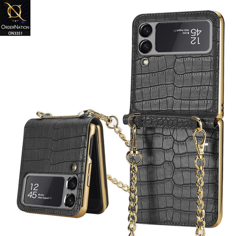 Samsung Galaxy Z Flip 3 5G Cover - Black - GKK Leather Magnetic Stylish Case With Tessel Chain Holder