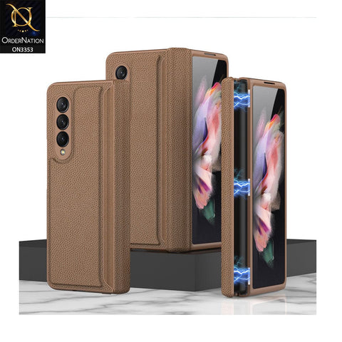 Samsung Galaxy Z Fold 3 5G Cover - Brown - GKK Carbon Fiber Magnetic Folding Plain Leather Case