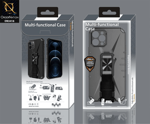iPhone 12 Pro Max Cover - Black - Heavy Duty Hybrid Anti Knock Shockprof Multi Use Carbiner Holder Protective Case