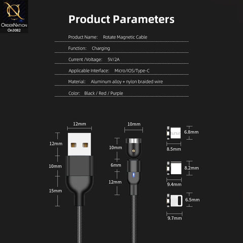 Black - 540 Degree Rotatable Magnetic Fast Charging Data Cable