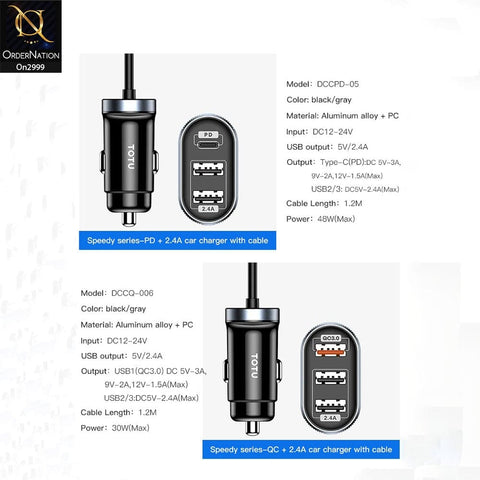 Black And Gray - ToTu 30W - DCCQ-006 - Speedy Series 4 USB Output Fast Car Charging Charger