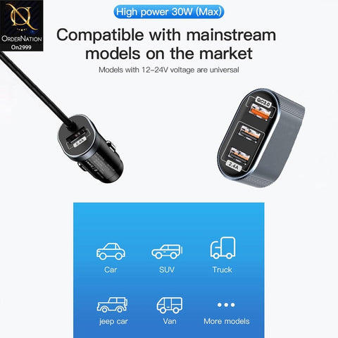 Black And Gray - ToTu 30W - DCCQ-006 - Speedy Series 4 USB Output Fast Car Charging Charger