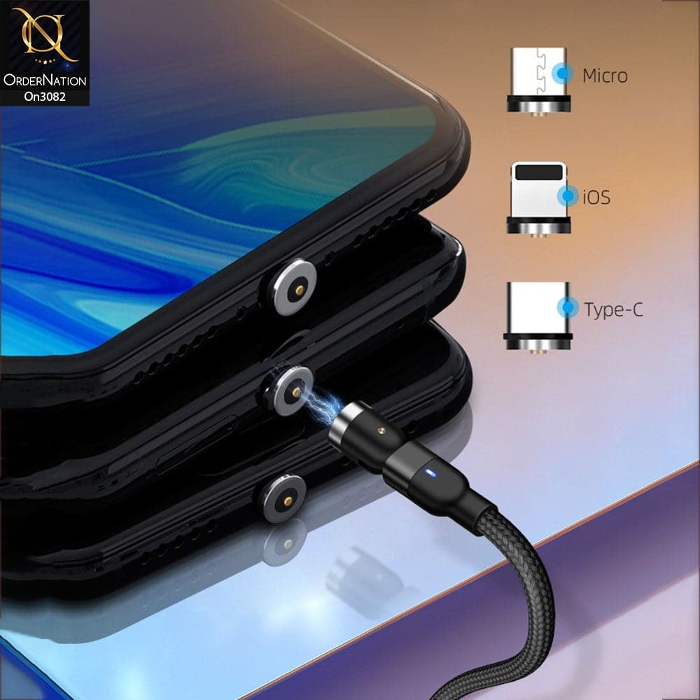 Black - 540 Degree Rotatable Magnetic Fast Charging Data Cable