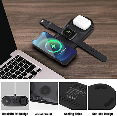 Black - Recci RCW-18 - RECCI Wireless Charger 3 in 1 Qi-Certified Fast Wireless Charging Pad  iWatch (No QC 3.0 Adapter)