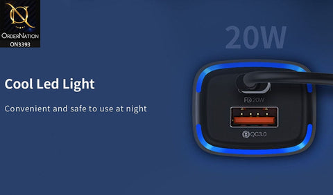 Blue - Recci RQ02 - Double Port Output 20W PD car charger QC 3.0 Fast Charging With Blue Light Effect