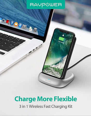 Black - Ravpower 5000mAh 3 in 1 Wireless Power Bank With Stand Kit