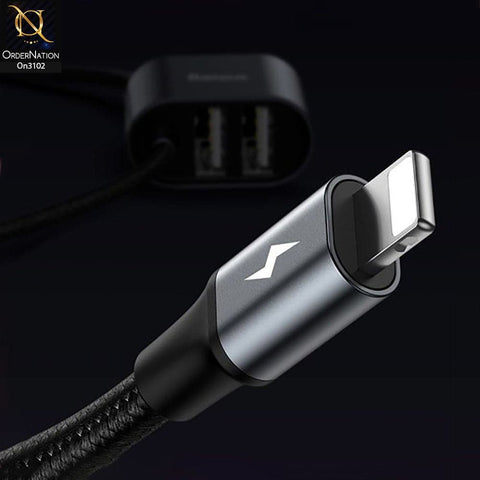 Black - CALHZ-01 - Baseus iPhone Special Data Cable For Car Back Seat With 2x USB HUB