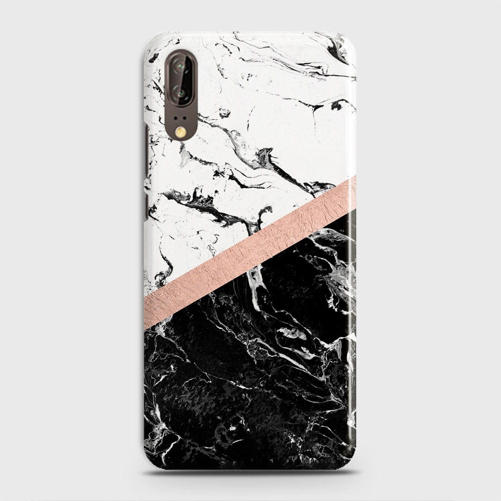 Huawei P20 Cover - Black & White Marble With Chic RoseGold Strip Case with Life Time Colors Guarantee