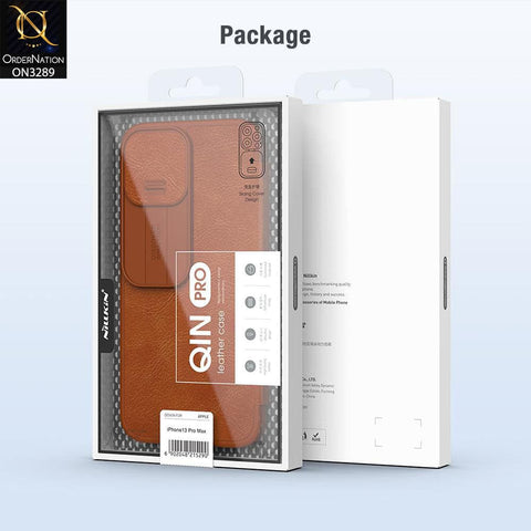 iPhone 13 Pro Max Cover - Brown - Nillkin Qin Pro Series Leather Flip Book with Camera Slide Protection Case