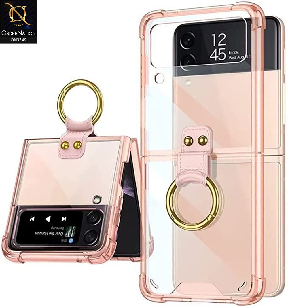 Samsung Galaxy Z Flip 4 5G Cover - Pink - GKK Color Transparent Finger Key Ring Holder Shock Proff Airbag Soft Borders Case
