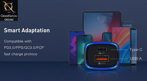 Blue - Recci RQ02 - Double Port Output 20W PD car charger QC 3.0 Fast Charging With Blue Light Effect