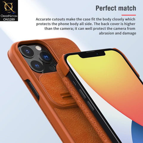 iPhone 13 Pro Max Cover - Brown - Nillkin Qin Pro Series Leather Flip Book with Camera Slide Protection Case