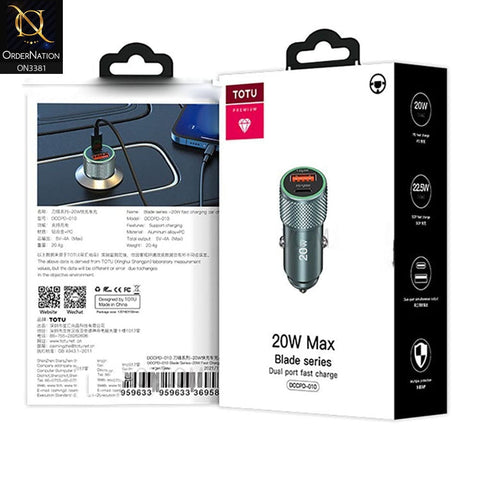 Green - ToTu DCCPD-010 - Blade Series USB 18W + Type C 20W Dual Port Car Charger Fast Charging Mobile