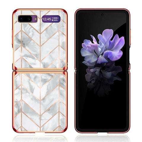Samsung Galaxy Z Flip Cover - White Marble Series 2 - Premium Electroplated Infinity Ultra Shine Glass Soft Silicon Borders Case