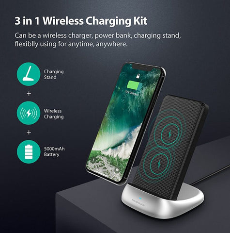 Black - Ravpower 5000mAh 3 in 1 Wireless Power Bank With Stand Kit