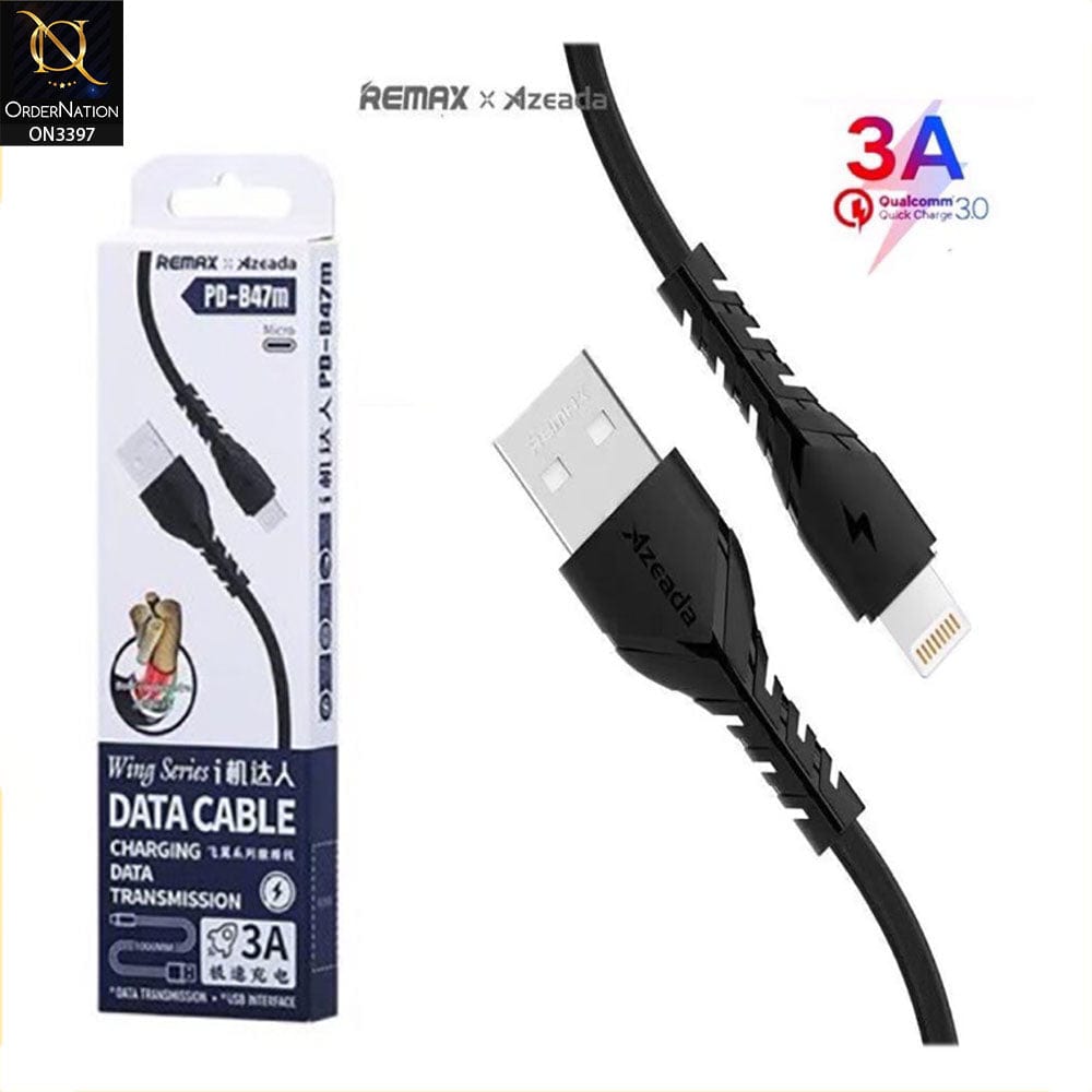 Black - 1M - Lightning - Remax PD-B47I ightning Wing Series Fast Charging Cable