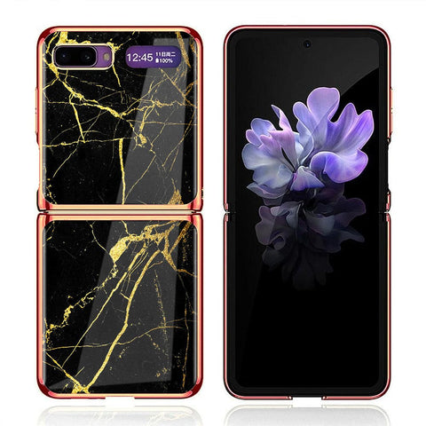 Samsung Galaxy Z Flip Cover - Black Marble Series - Premium Electroplated Infinity Ultra Shine Glass Soft Silicon Borders Case