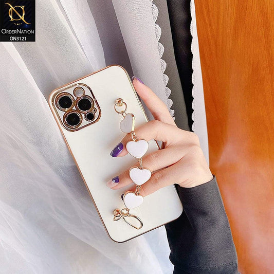 iPhone 12 Pro Cover - White - Electroplating Shiny Soft TPU Case with Love Heart Chain Bracelet Holder
