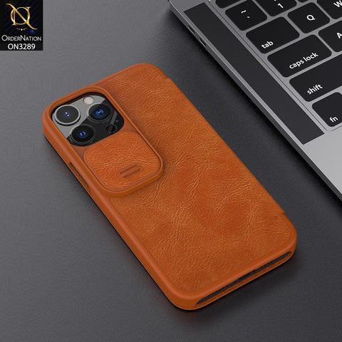 iPhone 13 Pro Max Cover - Brown - Nillkin Qin Pro Series Leather Flip Book with Camera Slide Protection Case