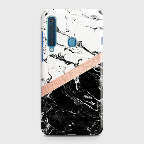 Samsung Galaxy A9 2018 Cover - Black & White Marble With Chic RoseGold Strip Case with Life Time Colors Guarantee
