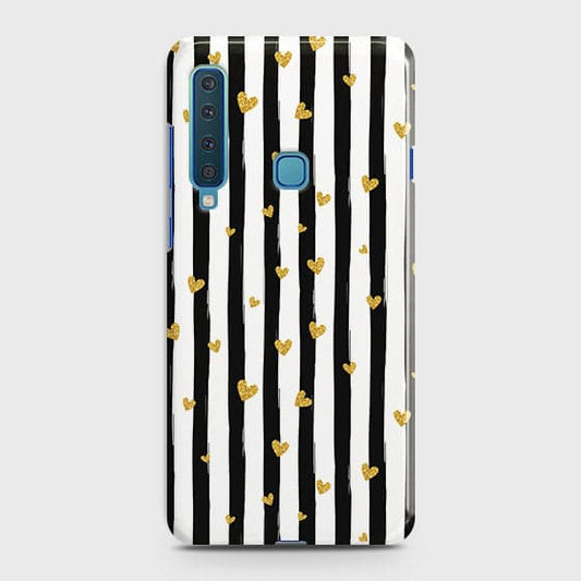 Samsung Galaxy A9 2018 Cover - Trendy Black & White Lining With Golden Hearts Printed Hard Case with Life Time Colors Guarantee