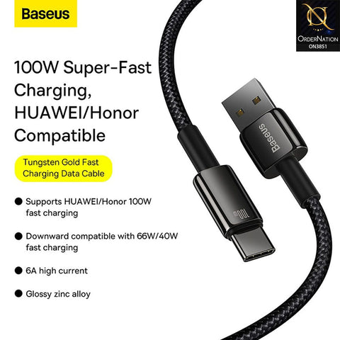 Black - Baseus Tungsten Gold Fast Charging Data Cable USB to Type-C 100W Black