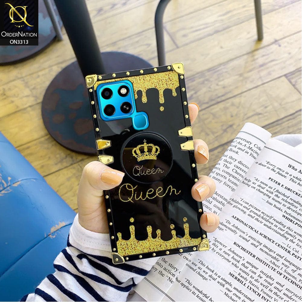 Infinix Smart 6 Cover - Black - Golden Electroplated Luxury Square Soft TPU Protective Case with Holder