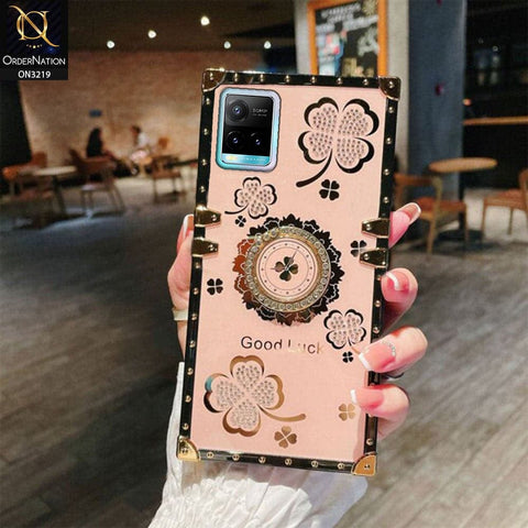 Vivo Y21t Cover - Pink - Square Bling Diamond Glitter Soft TPU Trunk Case with Ring Holder