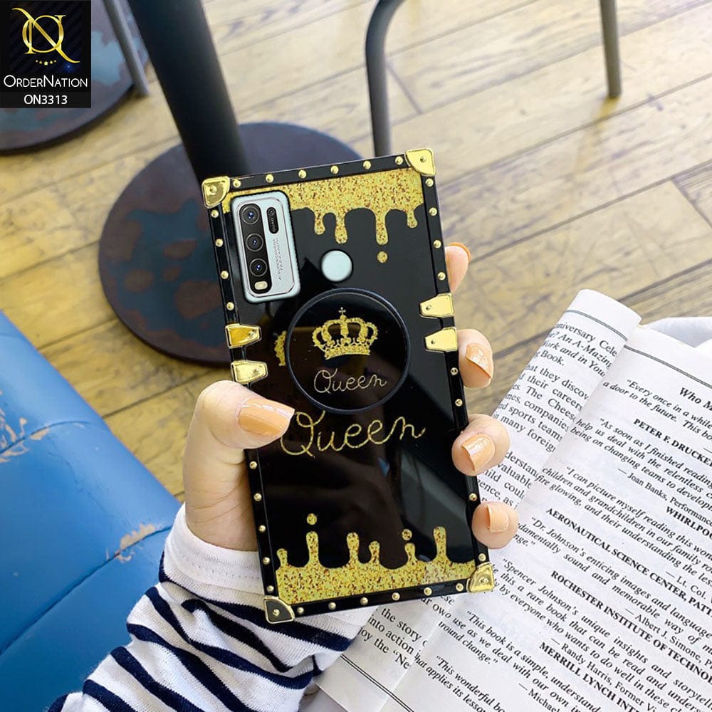 Vivo Y50 Cover - Black - Golden Electroplated Luxury Square Soft TPU Protective Case with Popsocket Holder