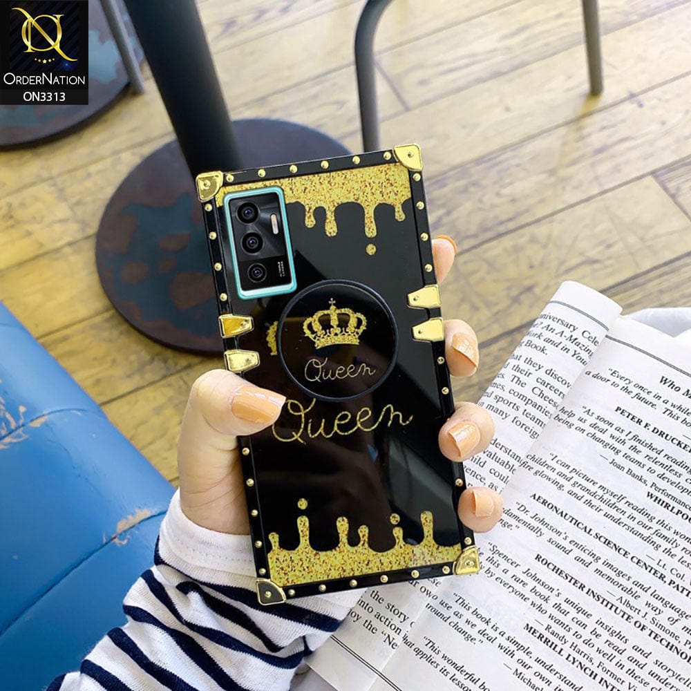 Vivo V23e Cover - Black - Golden Electroplated Luxury Square Soft TPU Protective Case with Holder