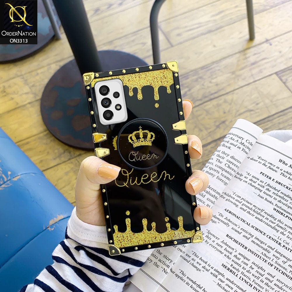 Samsung Galaxy A23 5G Cover - Black - Golden Electroplated Luxury Square Soft TPU Protective Case with Popsocket Holder