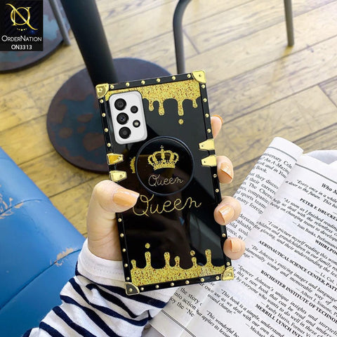 Samsung Galaxy A23 Cover - Black - Golden Electroplated Luxury Square Soft TPU Protective Case with Popsocket Holder