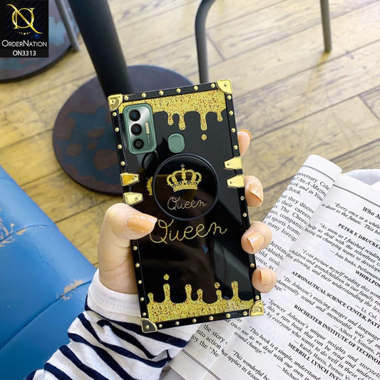 Tecno Spark 7T Cover - Black - Golden Electroplated Luxury Square Soft TPU Protective Case with Holder