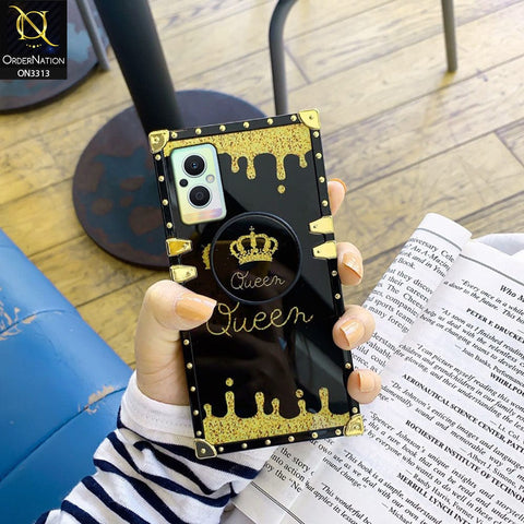 Oppo Reno 7 Lite Cover - Black - Golden Electroplated Luxury Square Soft TPU Protective Case with Popsocket Holder