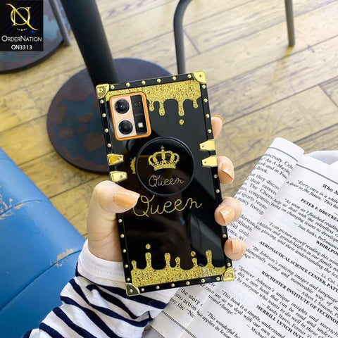 Oppo F21 Pro 4G Cover - Black - Golden Electroplated Luxury Square Soft TPU Protective Case with Popsocket Holder