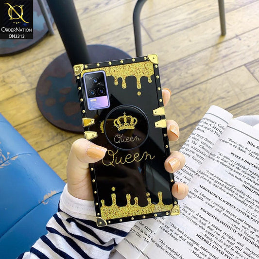 Vivo V21e Cover - Black - Golden Electroplated Luxury Square Soft TPU Protective Case with Holder
